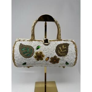 Vintage Midas of Miami? White Vinyl Wicker Micro Beaded Round Purse Metal Handle
